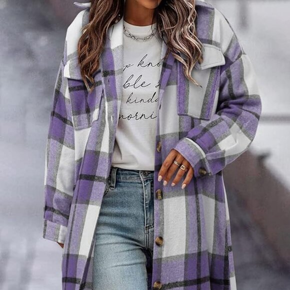 Comfy, relaxed loose fit brushed checked mid long flannel shirt coat - Picture 3 of 4